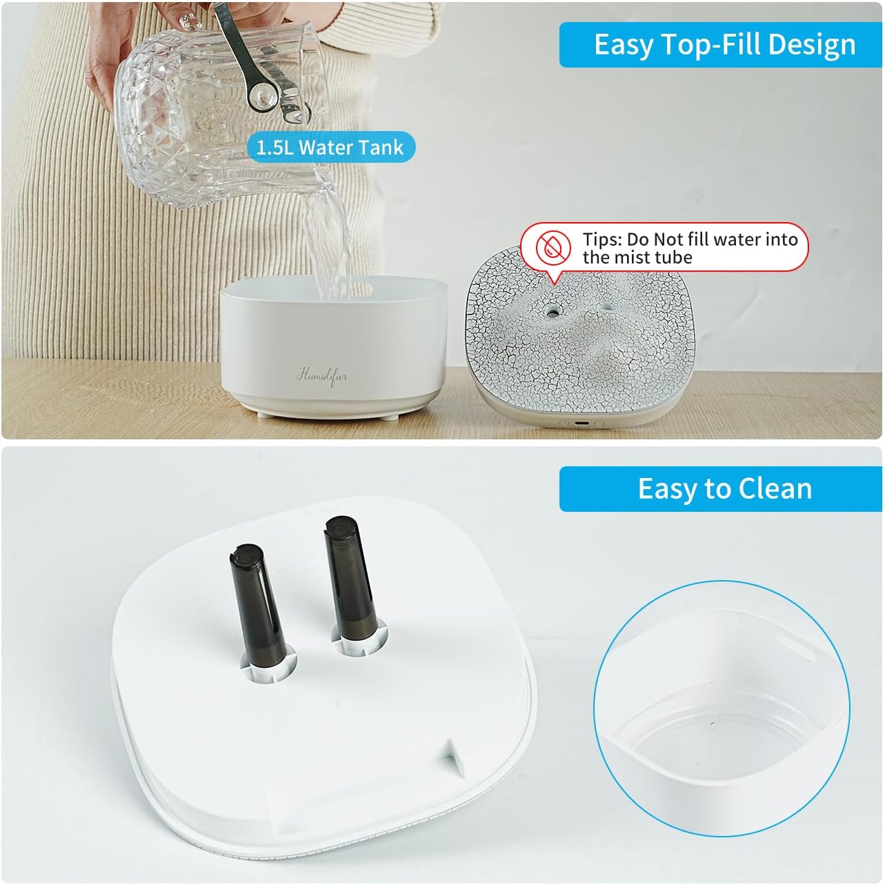 Portable 1500ml Small Cool Mist Humidifier,USB Personal Desktop Humidifier for Office Room, Bedroom,Auto Shut-Off 7 Colors LED Night Light, 2 Mist Modes, Super Quiet (White)