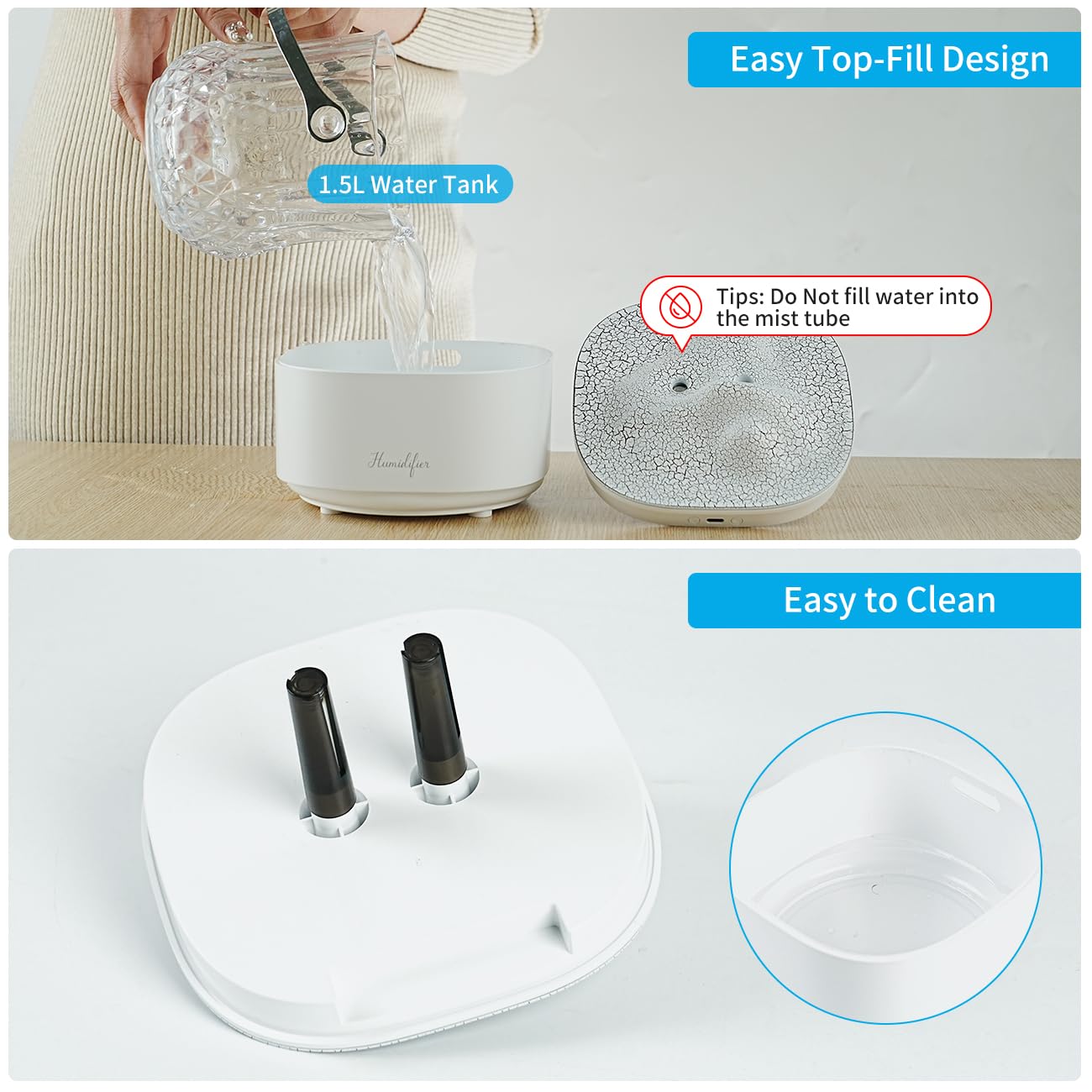 Portable 1500ml Small Cool Mist Humidifier,USB Personal Desktop Humidifier for Office Room, Bedroom,Auto Shut-Off 7 Colors LED Night Light, 2 Mist Modes, Super Quiet (White)