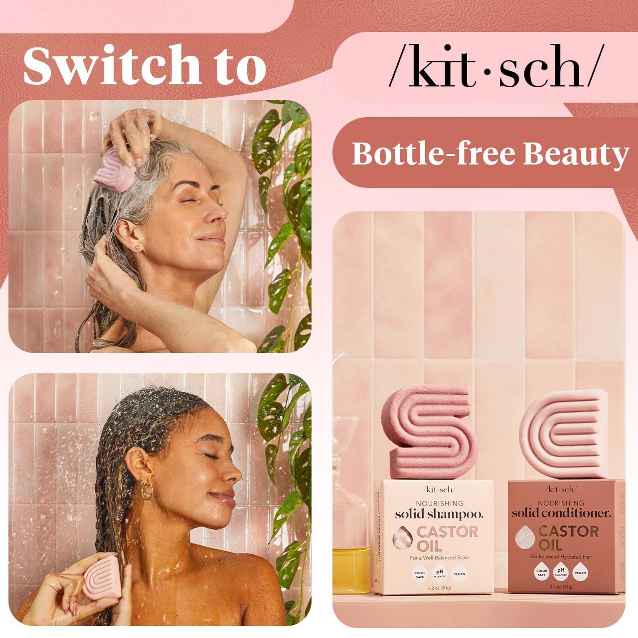 Kitsch Castor Oil Shampoo and Conditioner Set - Organic Castor Oil Hair Care for Dull & Dry Hair - Nourishing Bar Soap for Hair Growth - Free of Sulfate, Silicone, & Paraben - Made in USA - 2pcs