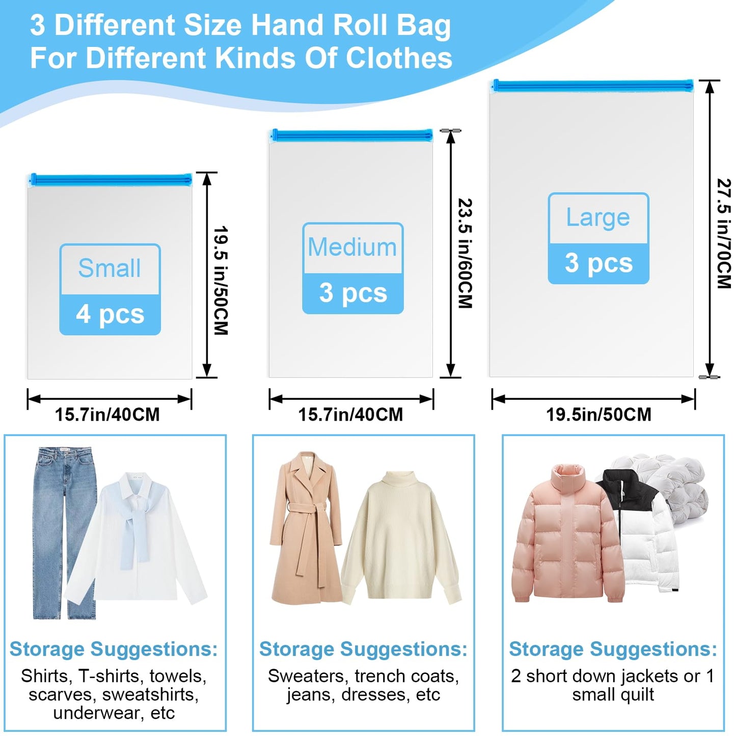 Compression Bags for Travel, 10 PCS Space Saver Bags, Hand Roll Vacuum Packing Bags for Travel, No Vacuum Needed, (3 Large, 3 Medium, 4 Small), Clothing, Luggage, Home Organizers Storage Bags