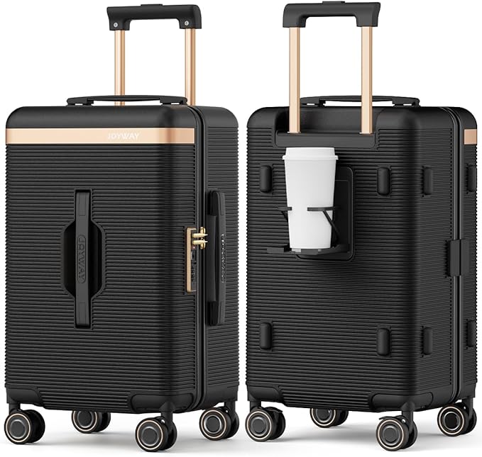 Joyway 22 Inch Carry on Luggage with Cup Holder, Hard Shell Suitcases with Shock Absorbing Spinner Wheels and Pressure-resistant Frame, Lightweight Carry-on Luggage with TSA Lock, Black