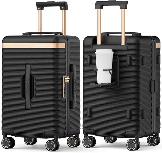Joyway 22 Inch Carry on Luggage with Cup Holder, Hard Shell Suitcases with Shock Absorbing Spinner Wheels and Pressure-resistant Frame, Lightweight Carry-on Luggage with TSA Lock, Black
