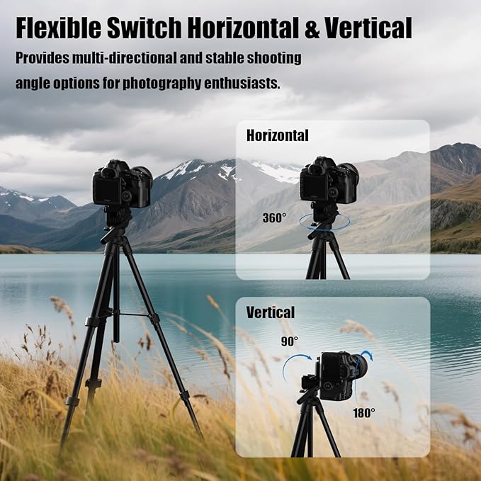 Camera Tripod, Travel Tripod for Camera Canon EOS Rebel Nikon, 61" Lightweight Phone Stand with Wireless Remote & Carry Bag, Compatible with DSLR, iPhone, Spotting Scopes, Max Load 11lb