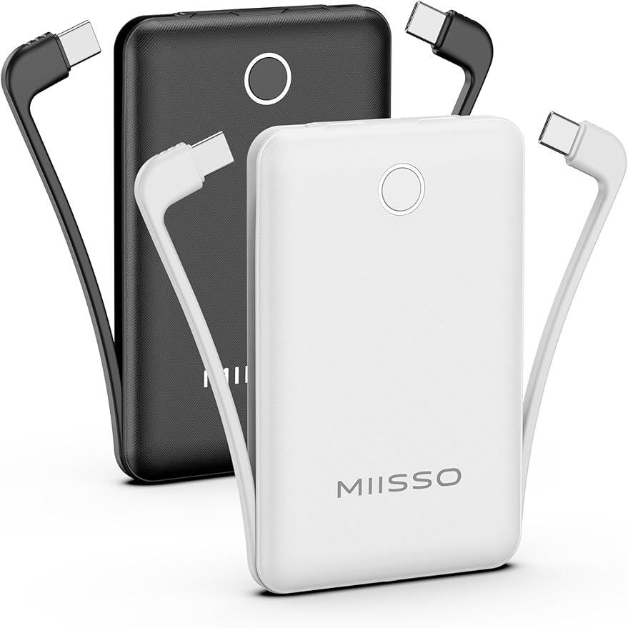 10000mAh Compatible with iPhone 15/16/17 (Only) Slim Portable Charger with Built in Cable, Power Bank Travel Charger External Battery Pack for Phone, 3 Output USB Type C Cord, 2 Pack Black & White