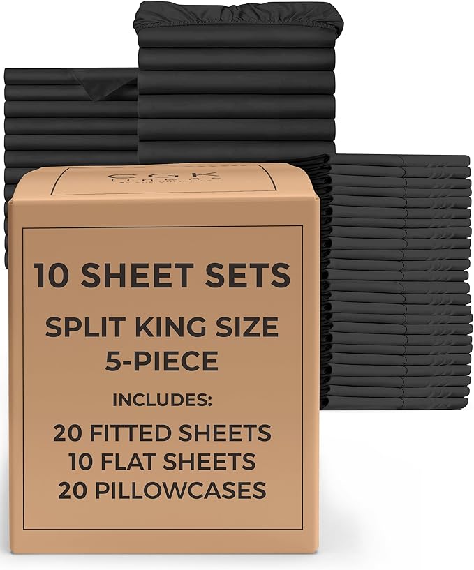 Bulk Case Pack of 10 Sheet Sets - (10) Complete Split King Size Sheet Sets w/ Deep Pockets - Wholesale Bulk Bedding for Hotels, Spas & Airbnbs - Soft, Breathable and Wrinkle Free - (Split King, Black)