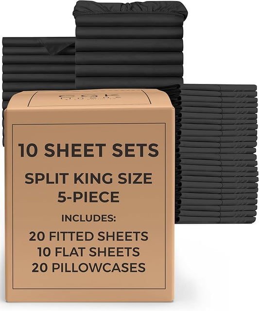 Bulk Case Pack of 10 Sheet Sets - (10) Complete Split King Size Sheet Sets w/ Deep Pockets - Wholesale Bulk Bedding for Hotels, Spas & Airbnbs - Soft, Breathable and Wrinkle Free - (Split King, Black)