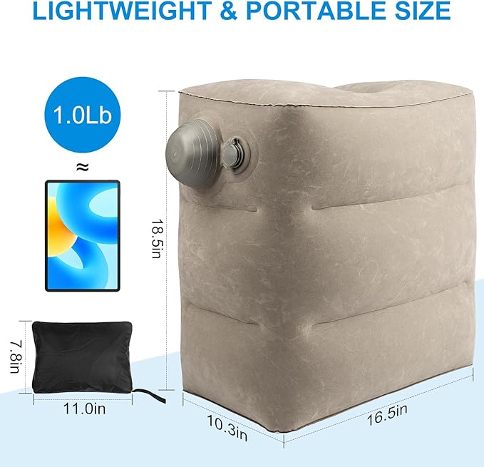 1 Pack Inflatable Travel Foot Pillow,Inflatable Leg Pillow Outdoor Stool, Adjustable 3 Layers Height Leg Rest Pillow for Airplane, Office, Home, Trains, Cars (1Pack Grey)
