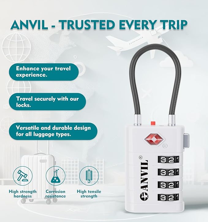 ANVIL 4 Digit Luggage Locks, TSA Locks for Luggage, Advanced TSA008 core, Alert Indicator for Your Travel Lock, Suitcase Lock.(4, White)