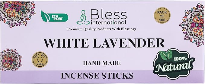 Bless-White-Lavender 100%-Natural-Handmade-Hand-Dipped-Incense Organic-Chemicals-Charcoal-Free Purification-Relaxation-Positivity-Yoga-Meditation Best-Woods-Scent (500 Sticks(26 OZ))