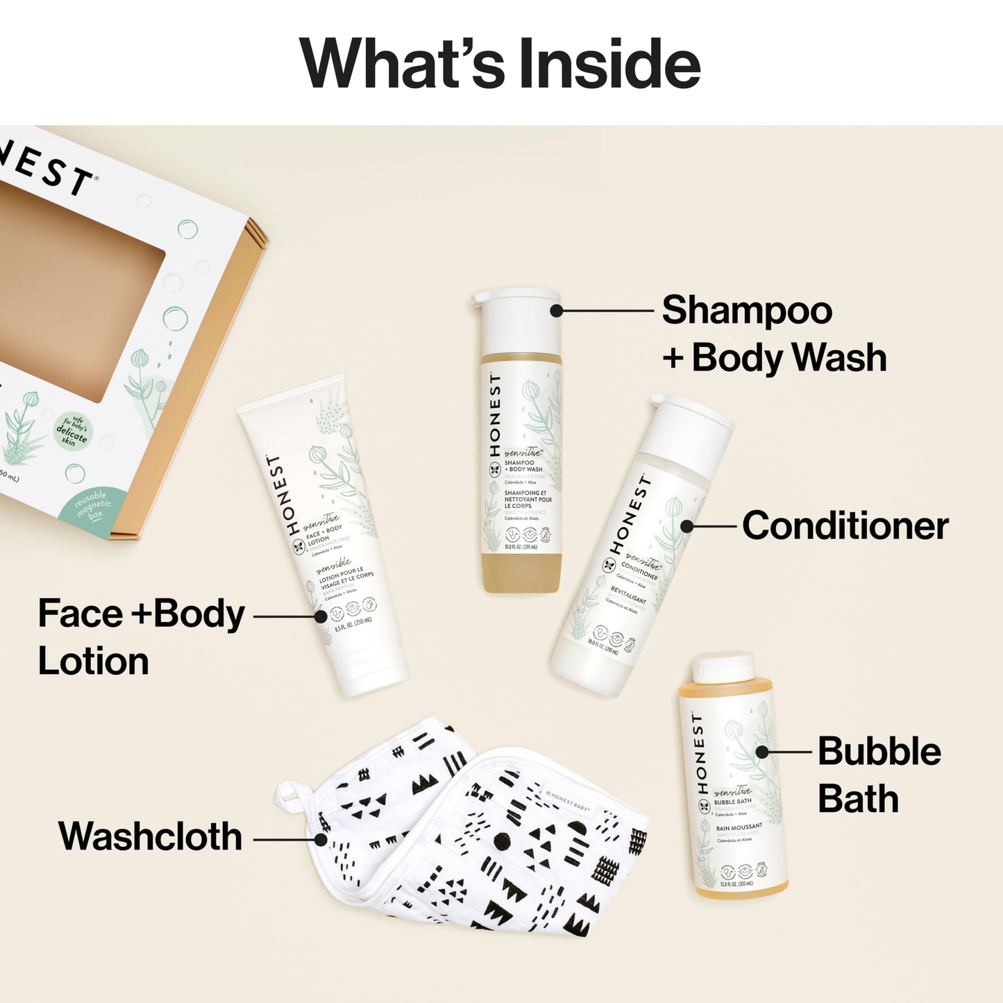 The Honest Company Fragrance Free Bathtime Gift Set | Hypoallergenic Bath Essentials for Sensitive Skin | Shampoo + Body Wash, Face + Body Lotion, Bubble Bath, Conditioner, Wash Cloth
