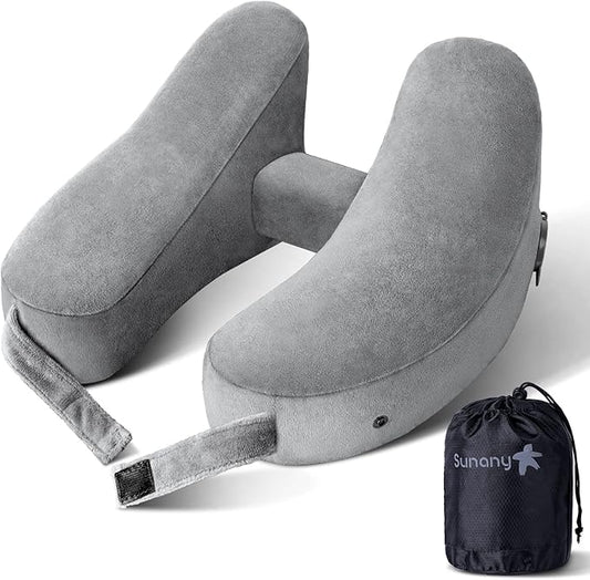 Sunany Neck Pillow for Travel Inflatable Airplane Pillow Comfortably Supports Head, Neck and Chin, Inflatable Travel Pillow with Soft Velour Cover and Portable Drawstring Bag (Grey)