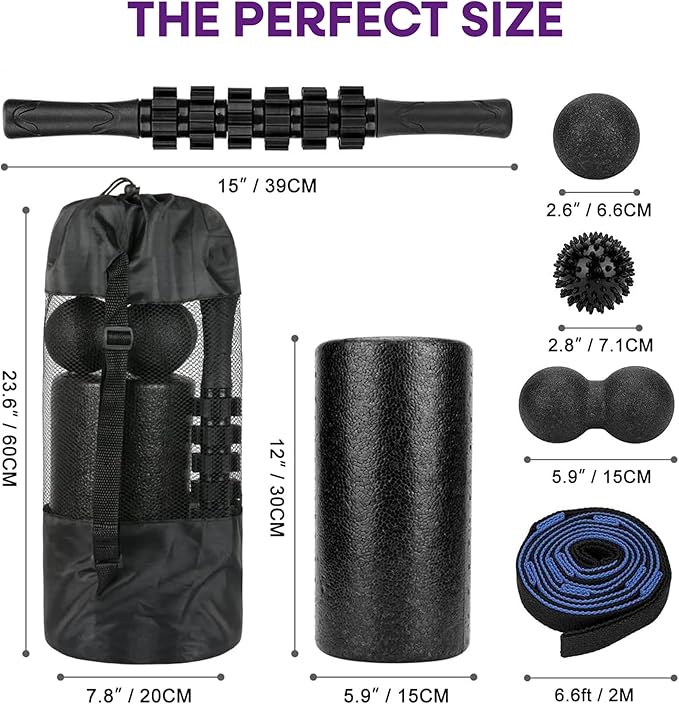 6-Piece Foam Roller Massage Set – Deep Tissue Muscle Recovery Kit with Massage Stick, Massage Balls & Stretch Strap – Includes Carry Bag – Black/Blue