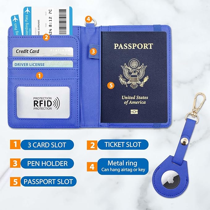 Cnycmy Passport Holder with Airtag Slot, Women's Travel Wallet, RFID Protection, Waterproof, Family Size (Dark Blue)