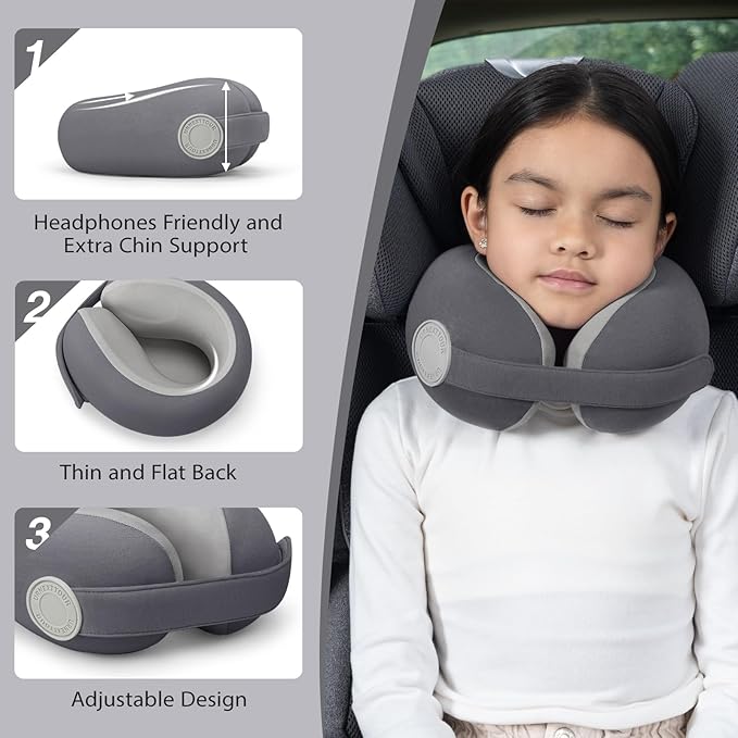 Car Pillow for Big Kids Travel Neck Pillows, Memory Foam Neck Support Travelling Pillow with Washable Cotton Pillowcases and Storage Bag, for Airplane, Train, Flight and Home Use Grey