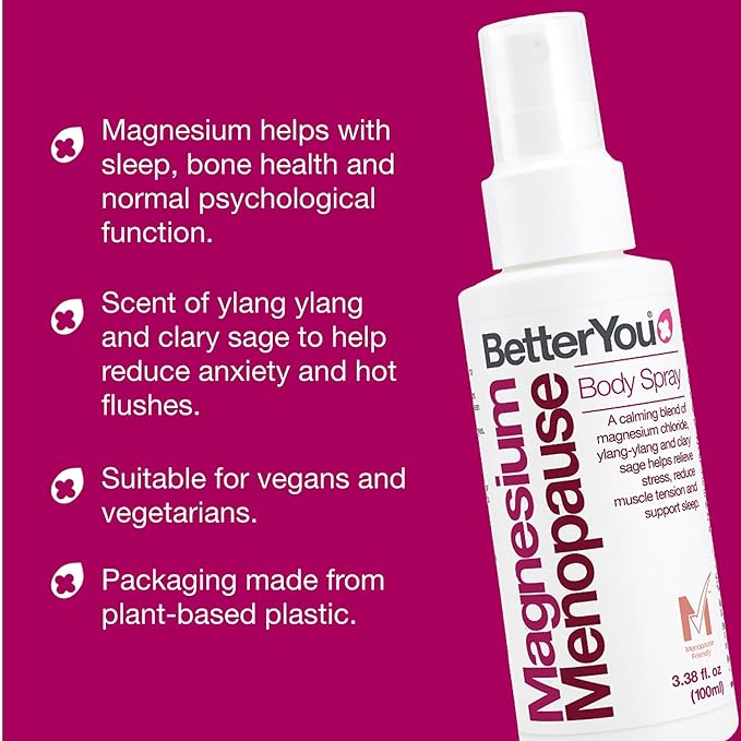 BetterYou Menopause Body Spray - Magnesium Chloride Spray for Menopause Relief - With Ylang Ylang and Clary Sage - Muscle and Sleep Support - 3.38 oz