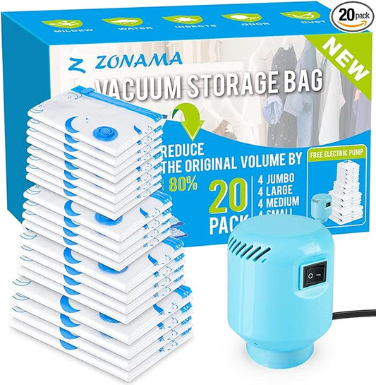 Vacuum Storage Bags with Electric Air Pump, 20 Pack (4 Jumbo, 4 Large, 4 Medium, 4 Small, 4 Roll Up Bags) Space Saving Bag for Clothes, Mattress, Blanket, Duvets, Pillows, Comforters,Travel