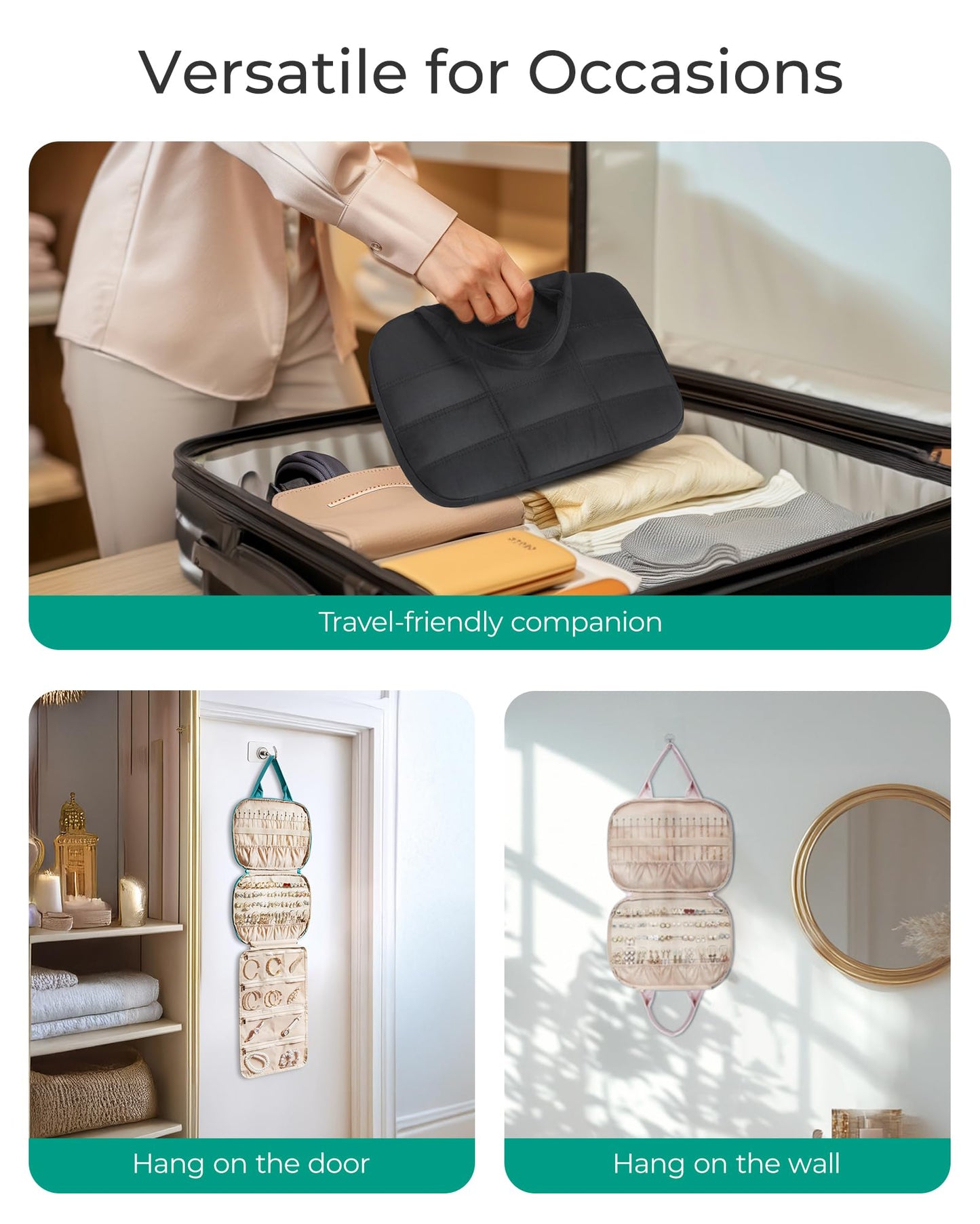 BAGSMART Jewelry Travel Case, Hanging Jewelry Organizer with Zipper Pockets, Large Capacity Puffy Jewelry Roll for Earrings, Necklaces, Rings on Closet, Wall, Door, Portable Travel Essentials, Black