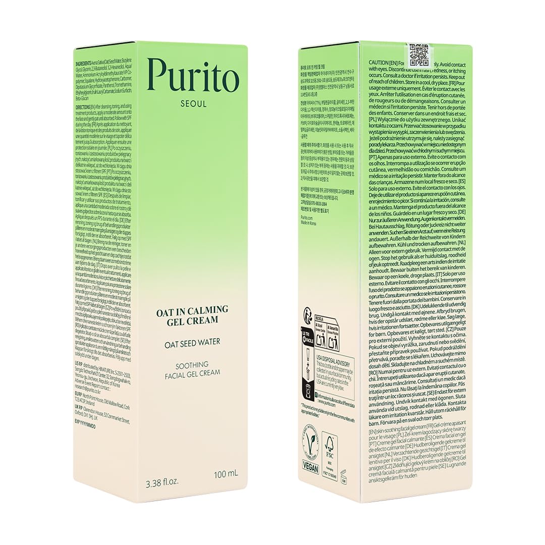 PURITO Oat In Calming Gel Cream, Oat Seed Water Hydration & Soothing, Lightweight, Non-Sticky FA Safe Moisturizer for Sensitive Skin, Non-Comedogenic, Fragrance-Free, Korean Skincare 3.38 fl.oz