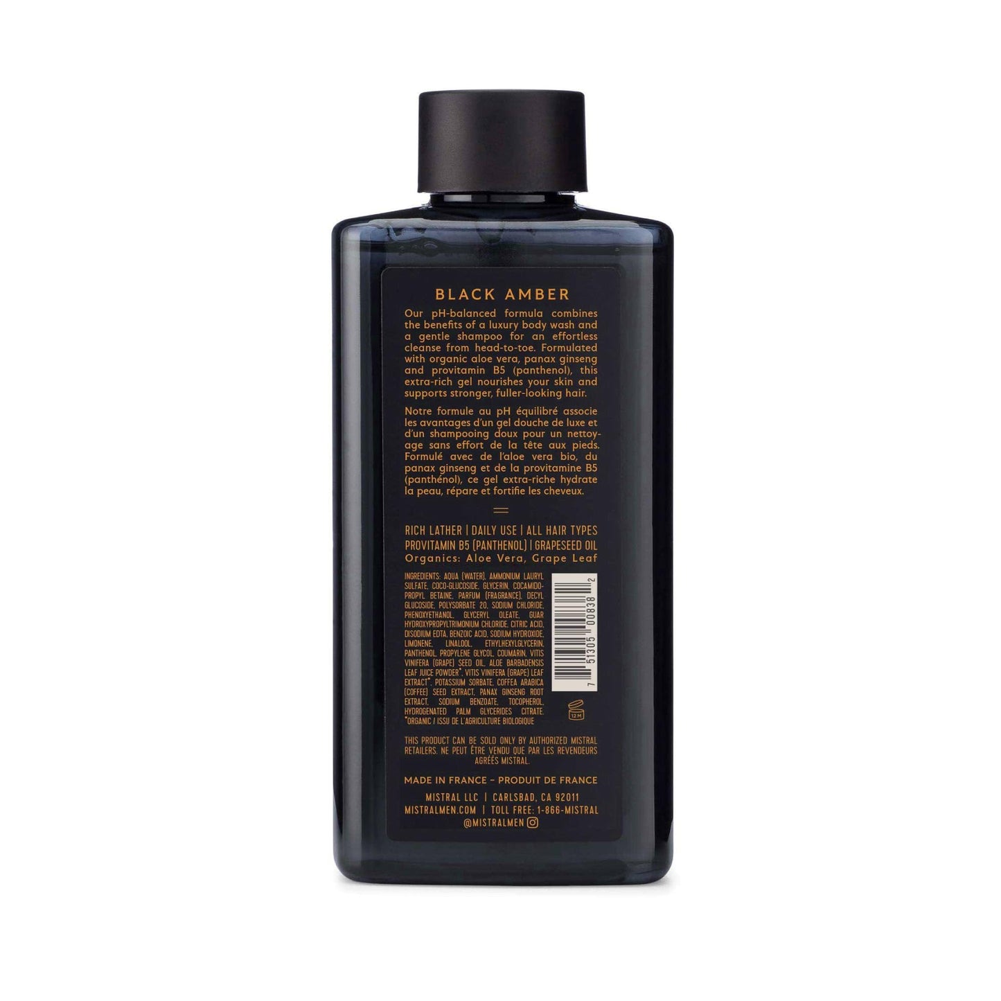 Mistral Men's Body Wash & Shampoo, Black Amber 13.5 oz | 2-in-1 Natural Shower Gel for Men | SLS, Paraben & Phthalate Free | Natural Men’s Body Wash, Moisturizing Bath Gel - Made in France