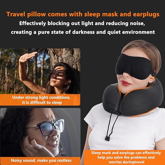 MLVOC Travel Pillow 100% Pure Memory Foam Neck Pillow, Comfortable & Breathable Cover, Machine Washable, Airplane Travel Kit with 3D Contoured Eye Masks, Earplugs, and Luxury Bag, Standard (Black)
