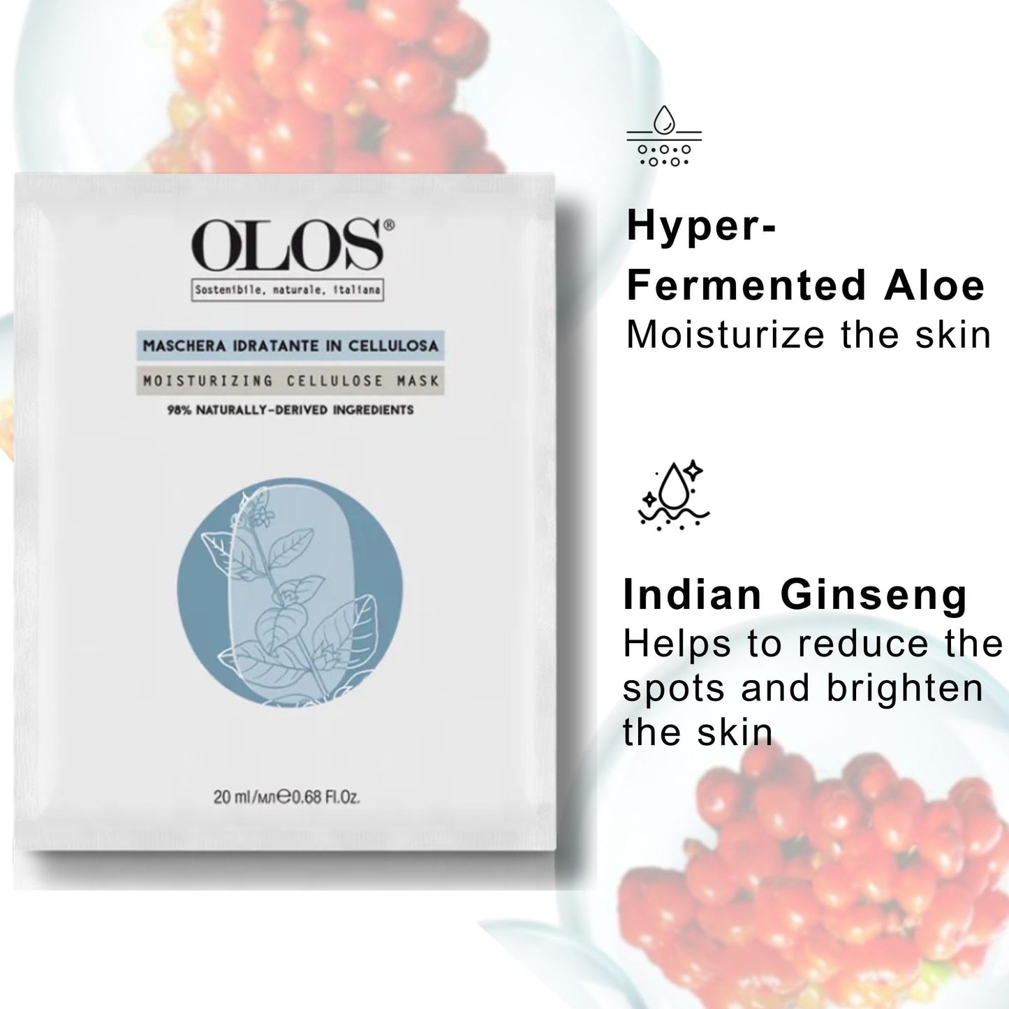 OLOS Moisturizing Cellulose Mask, 0.67 oz - Sheet Masks with Indian Ginseng, Hyper-Fermented Aloe - Antioxidant, Protective and Hydrating Face Mask