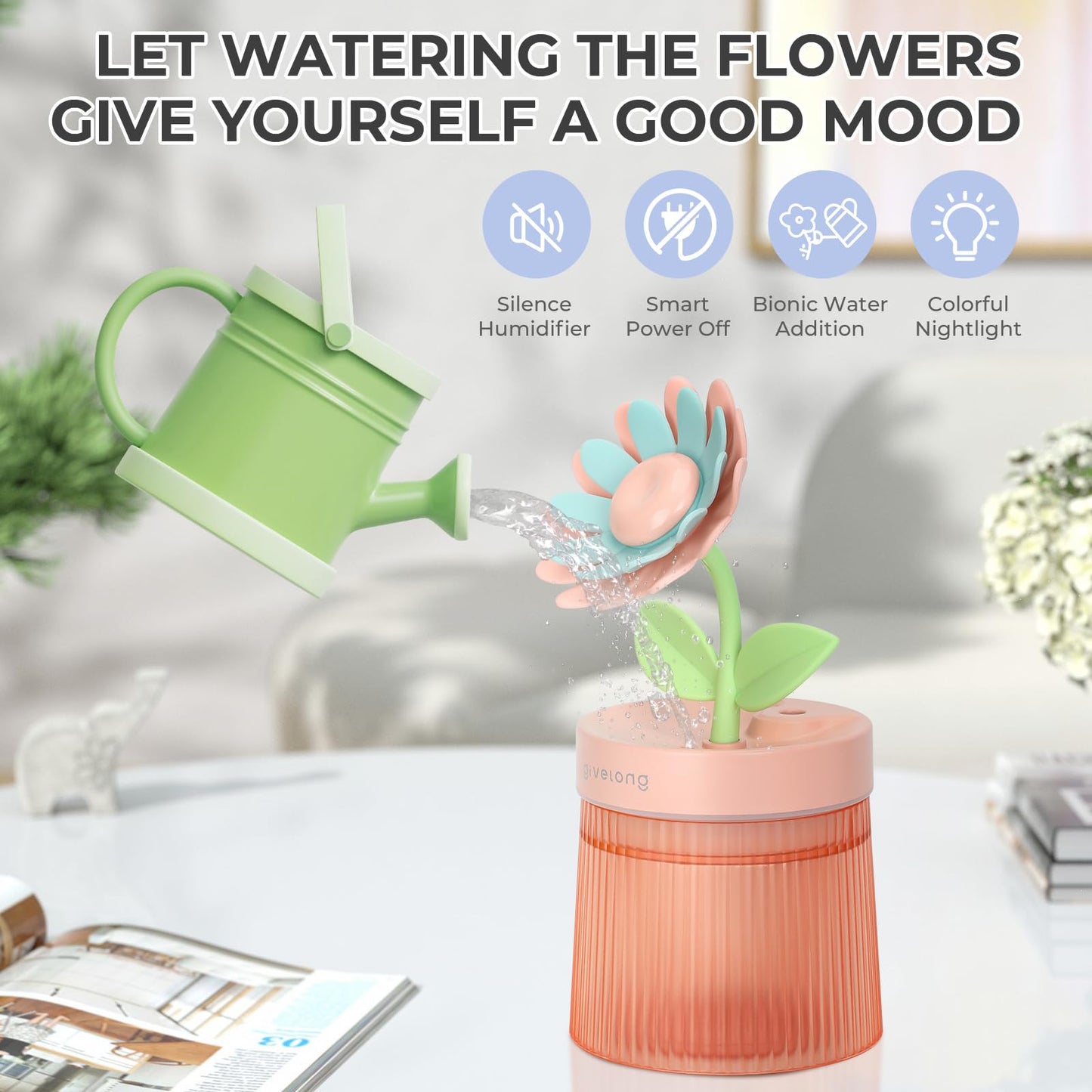 Sunflower Desktop Humidifier for Bedroom, Quiet Cool Mist Humidifier with Diffuser and LED Night light, Auto Shut-Off, 260 ML Portable Humidifier for Car Outdoor Home Indoor Nursery Plants (Pink)