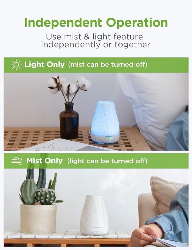 InnoGear Essential Oil Diffuser, Premium 5-in-1 Diffusers for Home Scent Aromatherapy Diffuser Air Desk Humidifier for Bedroom Large Room Office 7 Color LED 2 Mist Mode Waterless Auto Off, White Grey