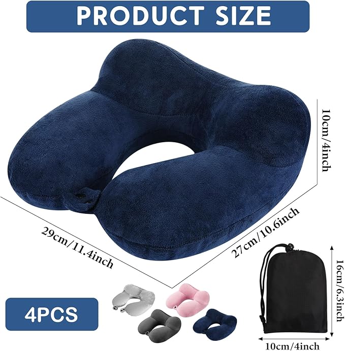 Sintuff 4 Sets Inflatable Travel Pillows for Airplanes with Compact Bag and Blindfold Velvet Inflatable Neck Pillow for Traveling Head Support U Shaped Flight, 12 x 12 x 5.5 Inch (Assorted Colors)