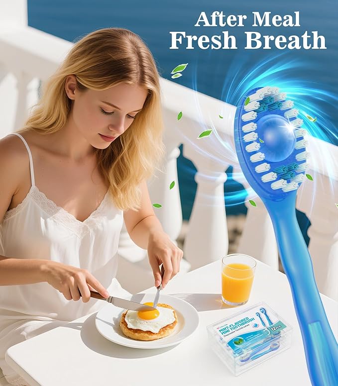 12 Pack 5-in-1 Disposable Mini Toothbrush with Toothpaste + Floss + Pick + Tongue Scraper for Work/Camping/Travel, Travel Toothbrush Set for Kids Adults, Individually Wrapped, Mint Flavor