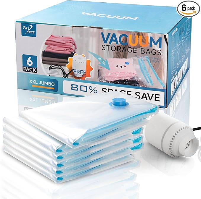 6 Pack XXL Jumbo Vacuum Storage Bags with Electric Air Pump, Space Saver Bags,Compression for Comforters and Blankets,Duvets,Pillows,Travel(47.2x35 in)