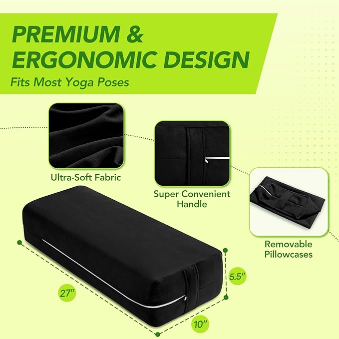 Rectangular Yoga Bolster - Meditation Pillow with Washable Suede Cover, 27"X10" X5.5"