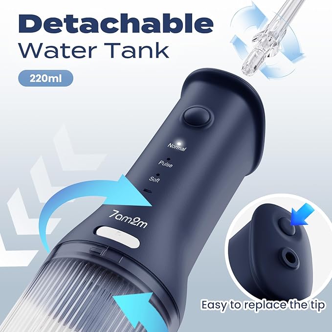 7AM2M Portable Water Flosser Cordless, Water Flosser for Teeth with 3 Modes and 2 Jet Tips, USB C Rechargeable, IPX7 Waterproof, Dental Water Flosser for Travel and Home Use (Navy Blue)
