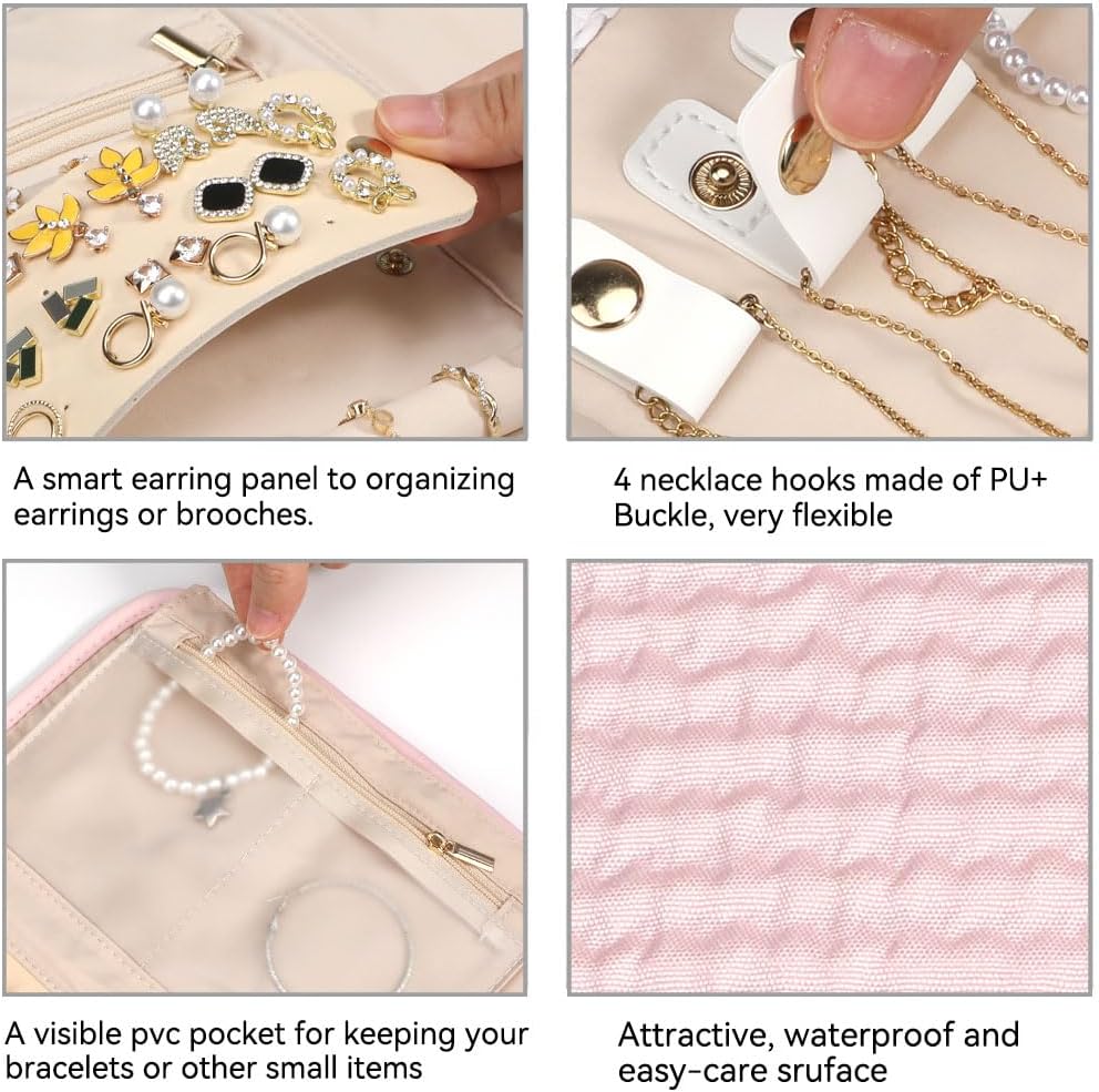 Voova Travel Jewelry Holder Organizer Case, Small Jewelry Storage Bag for Women Girls, Foldable Traveling Jewellery Pouch Roll for Necklaces Rings Earrings Bracelets, Mini, Light Pink