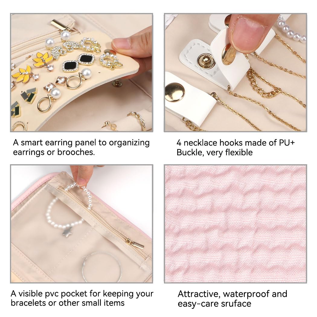 Voova Travel Jewelry Holder Organizer Case, Small Jewelry Storage Bag for Women Girls, Foldable Traveling Jewellery Pouch Roll for Necklaces Rings Earrings Bracelets, Mini, Light Pink