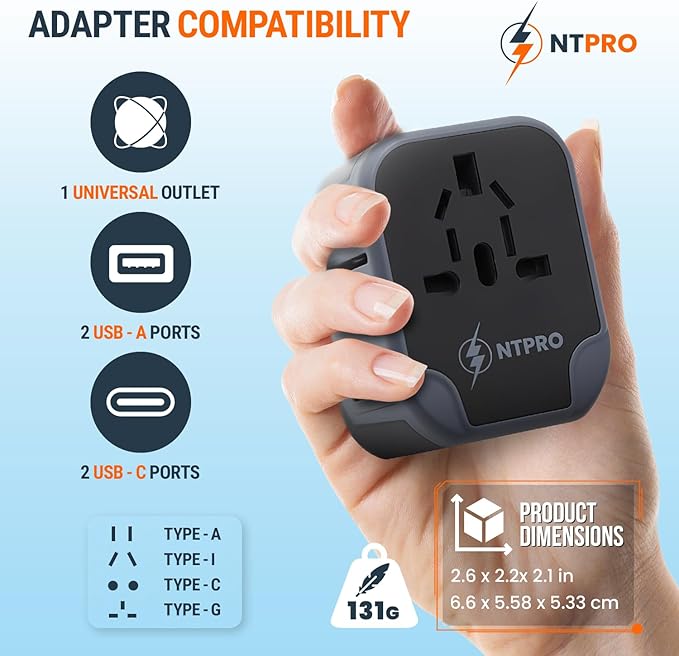 5 in 1 Universal Travel Adapter-10A | International Power Adapter with 2 USB C, 2 USB A Ports | 3.4A & 2400W Fast Portable Charger | Travel Adapter Worldwide Covering 200+ Countries- Black