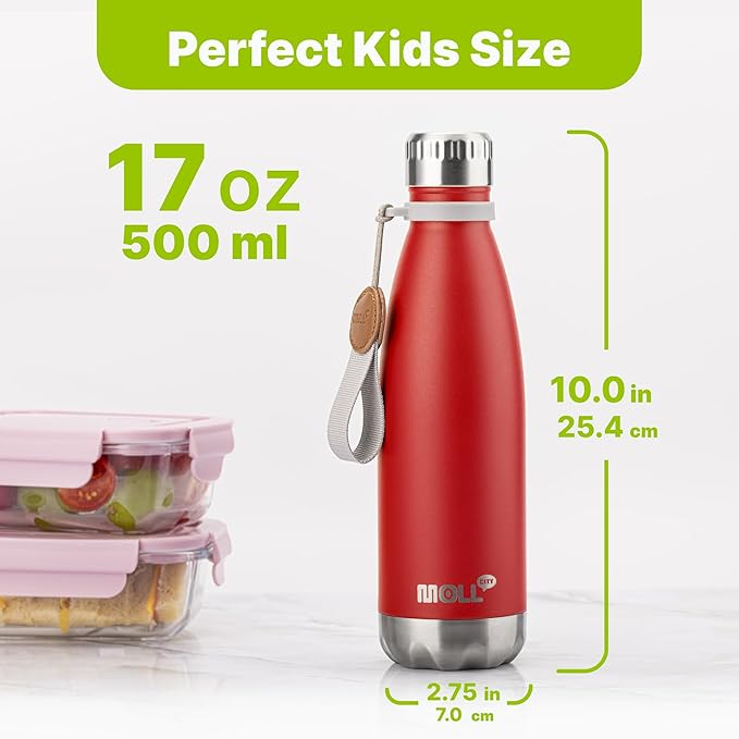 17 oz Insulated Water Bottle-Stainless Steel Vacuum Sports Water Bottle for Back to School- Cola Shape Travel Leak Proof Flask (Fire Red)