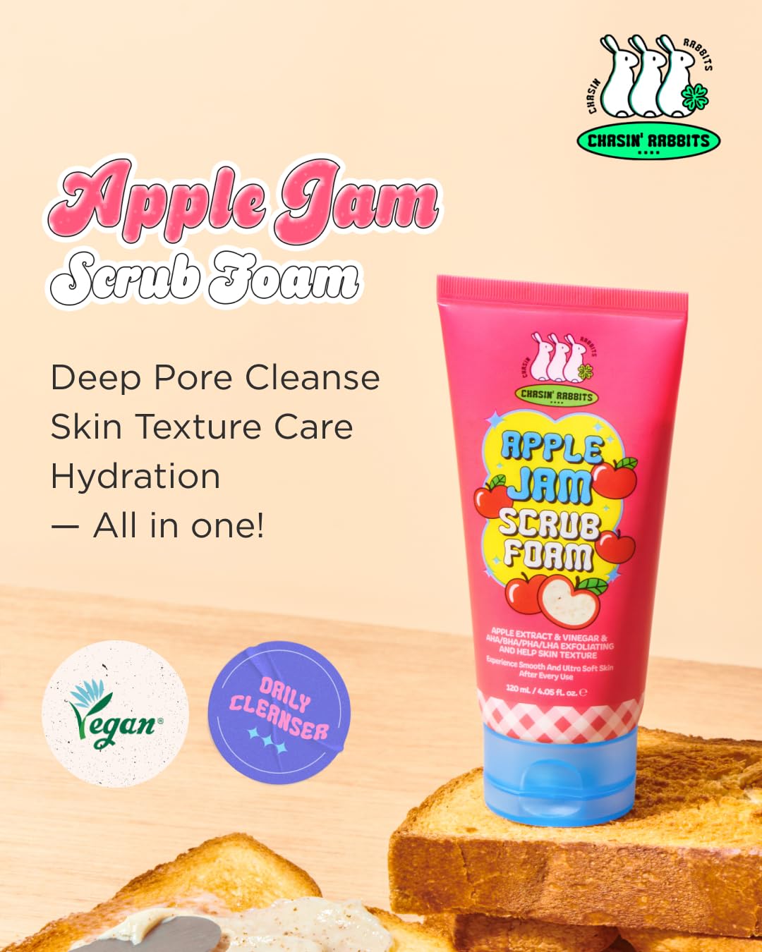 CHASIN' RABBITS Apple Jam Scrub Foam 4.05 Fl Oz, Exfoliating & Hydrating Cleanser with Triple Scrub Particles, pH-Balanced, Apple-Infused Face Wash for Smooth & Radiant Skin, Korean Skincare