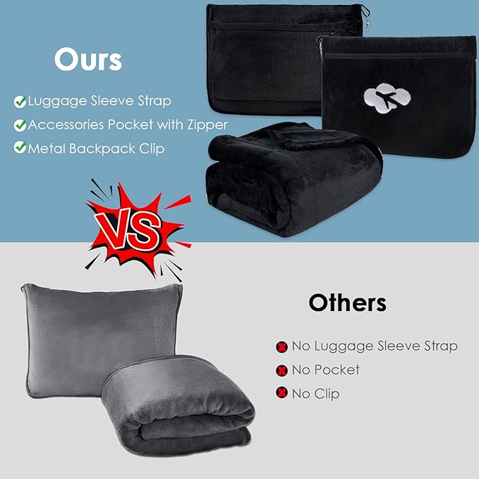 Blanket Pillow for Airplane Travel Essentials - 3 In 1 Travel Blanket and Pillow Set for Women Gift, Plane Compact with Bag for Long Flight, International Traveler Must Haves Flying Accessories（Black）