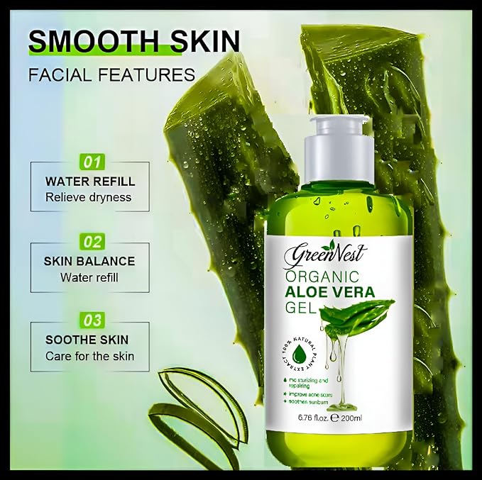 Aloe Vera Gel for Face, Skin, Hair | 100% Organic aloe | Moisturizer, Hair gel, Aftershave | Paraben Free, Relief from Sunburn and burn, Calming, Soothing, Nourishing.