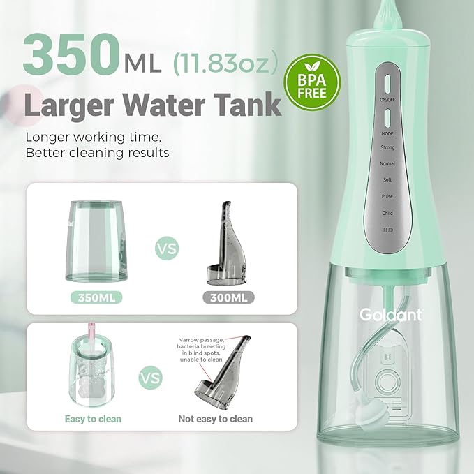 350ML Water Dental Flosser Teeth Pick with Travel Bag, 5 Modes Portable Cordless Oral Irrigator Cleaner, Electric Rechargeable IPX7 Waterproof for Home Travel Teeth Cleaning flossing (Green)
