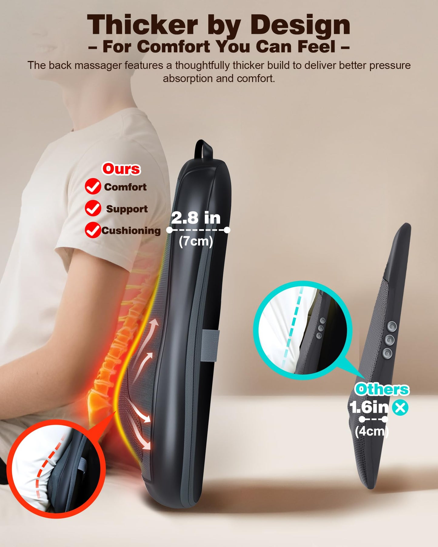 JZBRAIN Shiatsu Back Massager with Heat : Up and Down Rolling Massage - Electric Back Massager for Pain Relief Deep Tissue - Heated Lower Back Massager for Office, Home Use