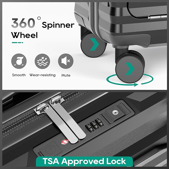 Joyway 20 Inch Carry on Luggage with Front Pocket, PC Hardshell Carry-on Suitcase with USB Port and Cup Holder, 21.5x14.2x9 Airline Approved, Luggage with Spinner Wheels and TSA Lock (Grey)