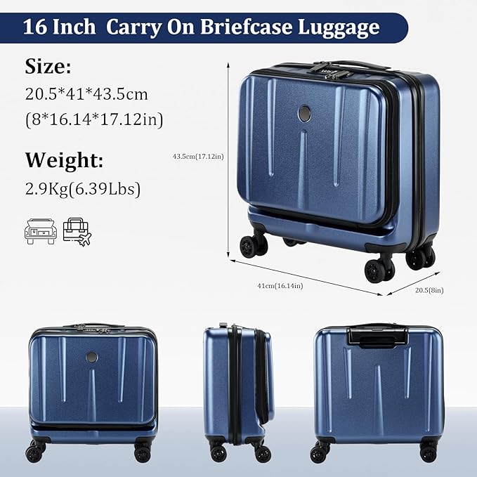 16" Carry On Briefcase Luggage with 2 Laptop Compartments, Lightweight Hardshell Suitcase with Spinner Silent Wheels, for Commute Work Business Trip, Dark Blue