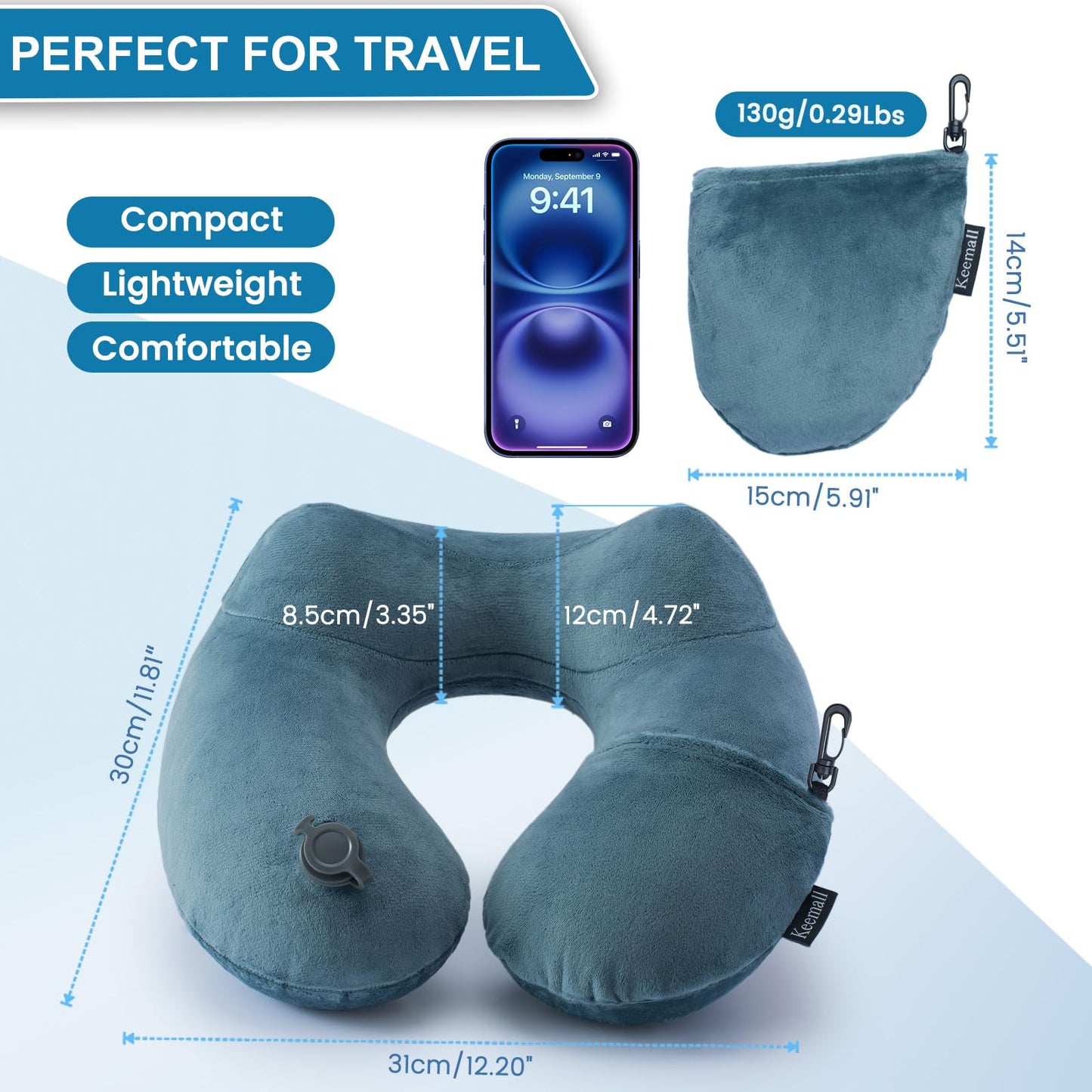 Keemall Inflatable Travel Neck Pillow for Airplane Sleeping Blow Up Neck Support Air Pillow Traveling on Plane Long Flights Washable