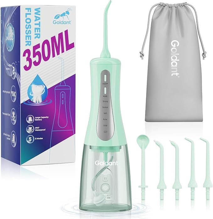 350ML Water Dental Flosser Teeth Pick with Travel Bag, 5 Modes Portable Cordless Oral Irrigator Cleaner, Electric Rechargeable IPX7 Waterproof for Home Travel Teeth Cleaning flossing (Green)