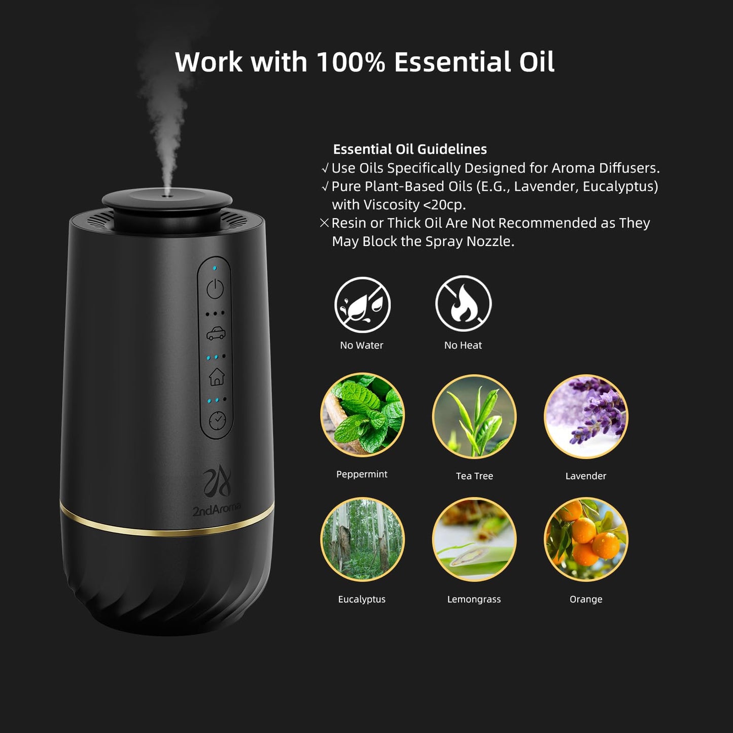 2ndAroma Waterless Oil Diffuser, Portable Car Diffusers for Essential Oils, Wireless Diffusers with 3 Mist Levels & Timer, ABS Material, Starry Night Light for Car Home Office, Includes 3 Scent Oils