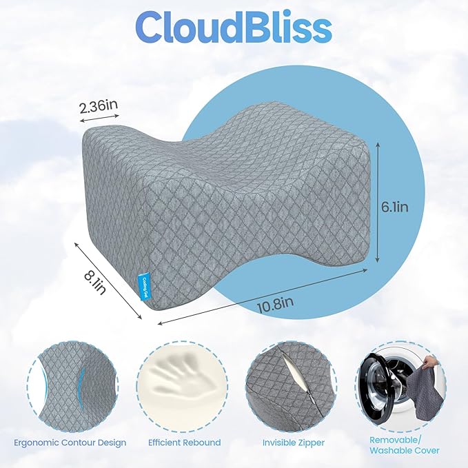 CloudBliss Knee Pillow for Side Sleepers - Cooling Leg Pillow for Side Sleeping, Memory Foam Knee Pillow for Hip Pain, Lower Back Pain, Sciatica Pain, Knee Wedge Pillow with Contour Design,Grey