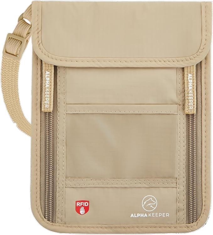 Alpha Keeper Neck Wallet, Travel Pouch For Passport Holder And Documents, RFID Blocking, Beige, Unisex Adult, Travelers, Adults
