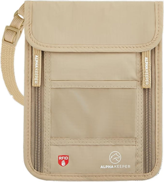 Alpha Keeper Neck Wallet, Travel Pouch For Passport Holder And Documents, RFID Blocking, Beige, Unisex Adult, Travelers, Adults