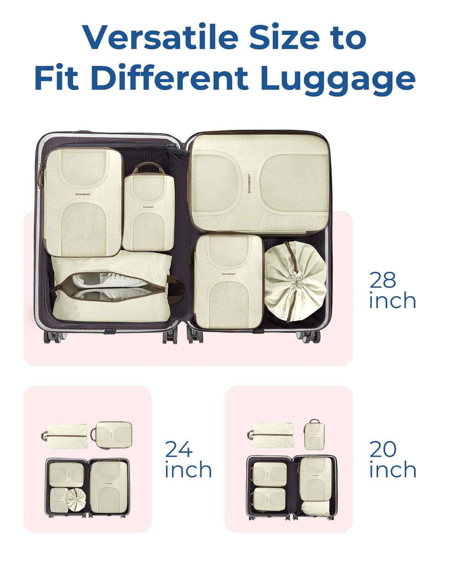 BAGSMART Compression Packing Cubes, 6 Set Packing Cubes for Suitcases, Lightweight Suitcases Organizers Bag Set & Compression Travel Cubes, Travel Essentials Packing Organizers White Opal